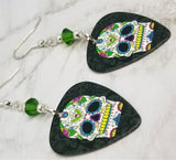 Sugar Skull Guitar Pick Earrings with Green Swarovski Crystals