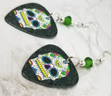 Sugar Skull Guitar Pick Earrings with Green Swarovski Crystals