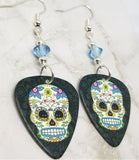 Colorful Flowery Sugar Skull Guitar Pick Earrings with Blue Swarovski Crystals