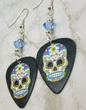 Colorful Flowery Sugar Skull Guitar Pick Earrings with Blue Swarovski Crystals