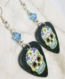 Colorful Flowery Sugar Skull Guitar Pick Earrings with Blue Swarovski Crystals