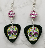 Fuchsia and Green Decorated Sugar Skull Guitar Pick Earrings with White and Fuchsia Striped Pave Beads