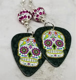 Fuchsia and Green Decorated Sugar Skull Guitar Pick Earrings with White and Fuchsia Striped Pave Beads