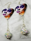 Woman Painted as a Sugar Skull Guitar Pick Earrings with White AB Pave Bead Dangles