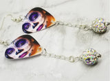 Woman Painted as a Sugar Skull Guitar Pick Earrings with White AB Pave Bead Dangles