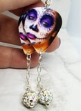 Woman Painted as a Sugar Skull Guitar Pick Earrings with White AB Pave Bead Dangles