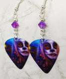 Woman Painted as a Sugar Skull Ghoul Guitar Pick Earrings with Fuchsia AB Swarovski Crystals