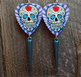 Purple and Blue Sugar Skull with Purple Striped Background Guitar Pick Earrings with Aqua Spike Dangles