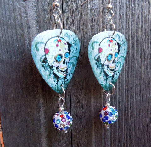Sugar Skull on Distressed Background Guitar Pick Earrings with MultiColor Pave Dangles