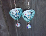 Sugar Skull on Distressed Background Guitar Pick Earrings with MultiColor Pave Dangles