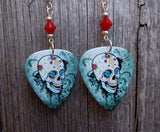 Sugar Skull on Distressed Background Guitar Pick Earrings with Red Crystals