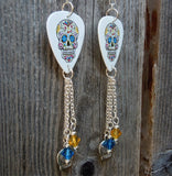 Colorful Sugar Skull Guitar Pick Earrings with Swarovski Crystal and Charm Dangles