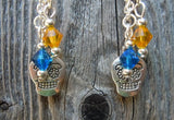 Colorful Sugar Skull Guitar Pick Earrings with Swarovski Crystal and Charm Dangles