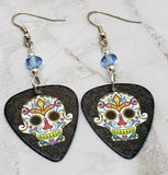 Colorful Sugar Skull Guitar Pick Earrings with Blue Swarovski Crystals