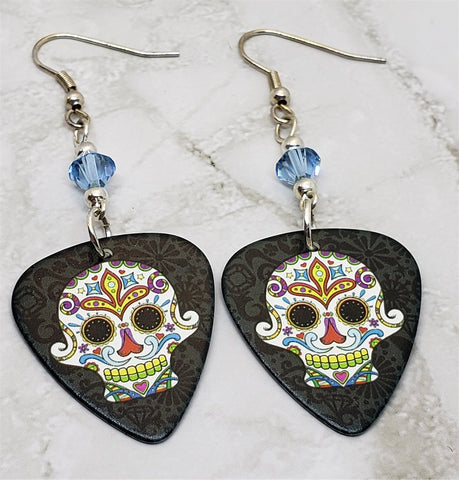 Colorful Sugar Skull Guitar Pick Earrings with Blue Swarovski Crystals