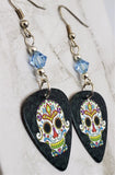 Colorful Sugar Skull Guitar Pick Earrings with Blue Swarovski Crystals