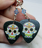 Colorful Sugar Skull Guitar Pick Earrings with Blue Swarovski Crystals