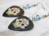 Colorful Sugar Skull Guitar Pick Earrings with Blue Swarovski Crystals