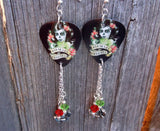 Red and Green Sugar Skull Guitar Pick Earrings with Silver Charm and Swarovski Crystal Dangles