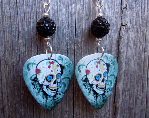 Sugar Skull on Distressed Background Guitar Pick Earrings with Black Pave Bead