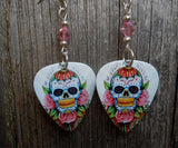 Sugar Skull and Pink Roses Guitar Pick Earrings with Light Pink Crystals