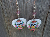 Sugar Skull and Pink Roses Guitar Pick Earrings with Light Pink Crystals
