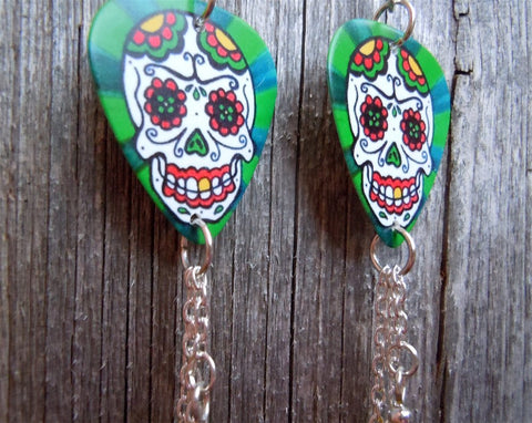 Sugar Skull on a Green Background Guitar Pick Earrings with Yellow, Red and Green Swarovski Crystal Dangles