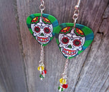 Sugar Skull on a Green Background Guitar Pick Earrings with Yellow, Red and Green Swarovski Crystal Dangles