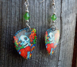 Sugar Skull Surrounded By Flowers Holding a Heart Guitar Pick Earrings with Green Swarovski Crystals