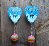 Icy Mamacita Sugar Skull Guitar Pick Earrings with Rainbow Striped Rhinestone Dangles