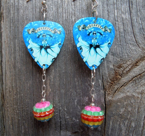 Icy Mamacita Sugar Skull Guitar Pick Earrings with Rainbow Striped Rhinestone Dangles