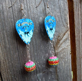 Icy Mamacita Sugar Skull Guitar Pick Earrings with Rainbow Striped Rhinestone Dangles