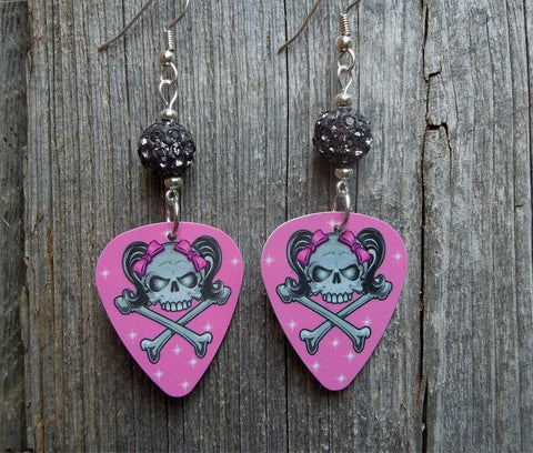 Girl Skull Guitar Pick Earrings with Gray Pave Beads