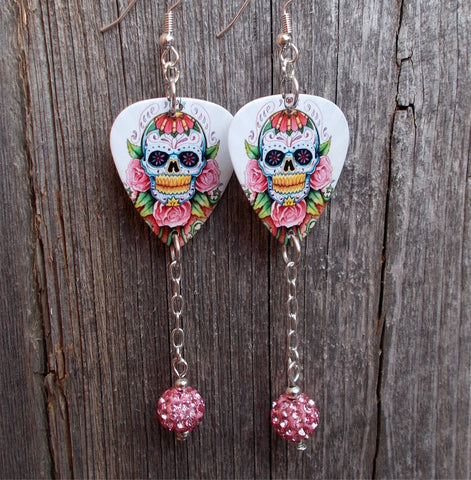 Sugar Skull and Pink Roses Guitar Pick Earrings with Pink Pave Dangles