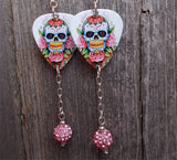 Sugar Skull and Pink Roses Guitar Pick Earrings with Pink Pave Dangles