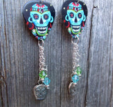 CLEARANCE Aqua Blue Sugar Skull Guitar Pick Earrings with Swarovski Crystal Dangles