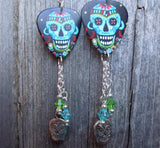 CLEARANCE Aqua Blue Sugar Skull Guitar Pick Earrings with Swarovski Crystal Dangles