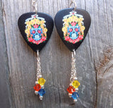 Sugar Skull Surrounded By Candles Guitar Pick Earrings with Swarovski Crystal Dangles