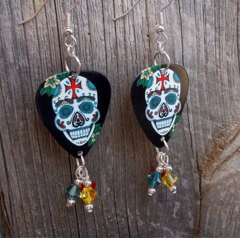 Ornate Sugar Skull with Cross on It's Forehead Guitar Pick Earrings with Swarovski Crystal Dangles