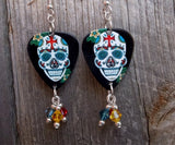 Ornate Sugar Skull with Cross on It's Forehead Guitar Pick Earrings with Swarovski Crystal Dangles