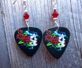 Beautiful Sugar Skull with Red Roses Guitar Pick Earrings with Red Swarovski Crystals