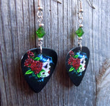 Beautiful Sugar Skull with Red Roses Guitar Pick Earrings with Green Swarovski Crystals