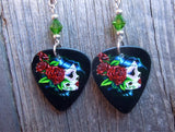 Beautiful Sugar Skull with Red Roses Guitar Pick Earrings with Green Swarovski Crystals