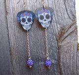 Sugar Skull with Flower Crown Guitar Pick Earrings with Purple Pave Bead Long Dangles