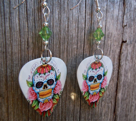 Sugar Skull and Pink Roses Guitar Pick Earrings with Green Swarovski Crystals