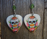 Sugar Skull and Pink Roses Guitar Pick Earrings with Green Swarovski Crystals