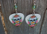 Sugar Skull and Pink Roses Guitar Pick Earrings with Green Swarovski Crystals