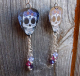 Sugar Skull with Flower Crown Guitar Pick Earrings with Swarovski Crystal Dangles