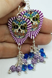 Purple White Background Sugar Skull Guitar Pick Earrings with Swarovski Crystal and Pave Bead Dangles