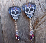 Sugar Skull with Flower Crown Guitar Pick Earrings with Swarovski Crystal Dangles